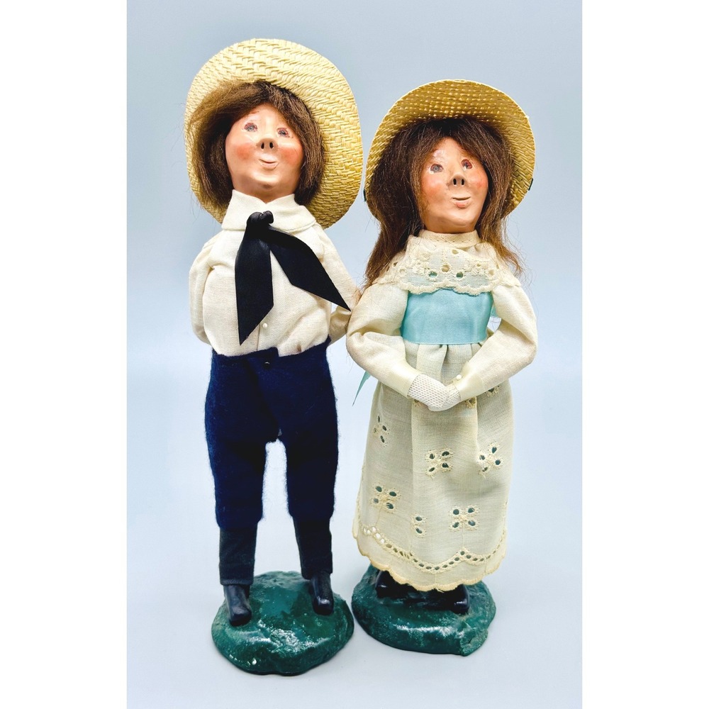Byers Choice Boy Girl Straw Hat Bumpy Base 1983 Cream Navy Blue Vintage